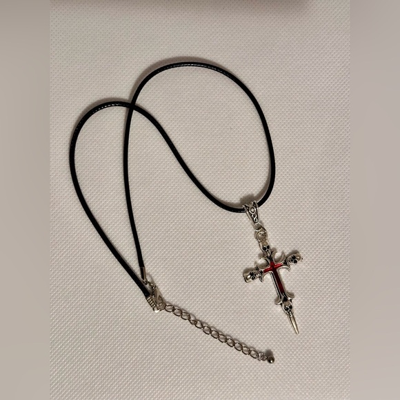 Silver Skull Cross Pendant on a Black Cord Necklace - Picture 7 of 7